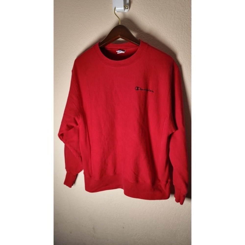 VTG CHAMPION RED REVERSE WEAVE EMBROIDERED SCRIPT LOGO CREW NECK SWEATSHIRT SZ L